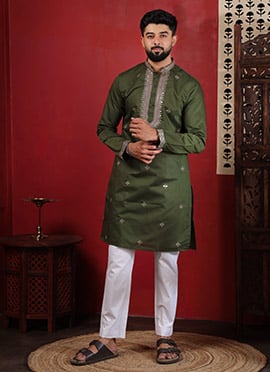 Sophisticated Mehendi Cotton Embroidered Kurta Pyjama