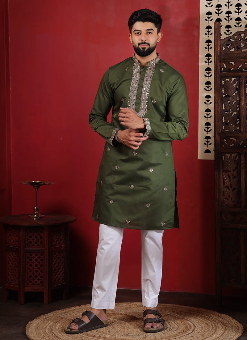 Sophisticated Mehendi Cotton Embroidered Kurta Pyjama Festive Wear