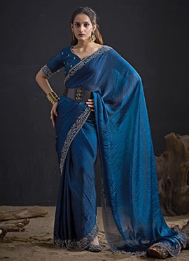 Sophisticated Morpeach Fandy Satin Silk Two Tone Tikki Work Hand Embroidery Saree