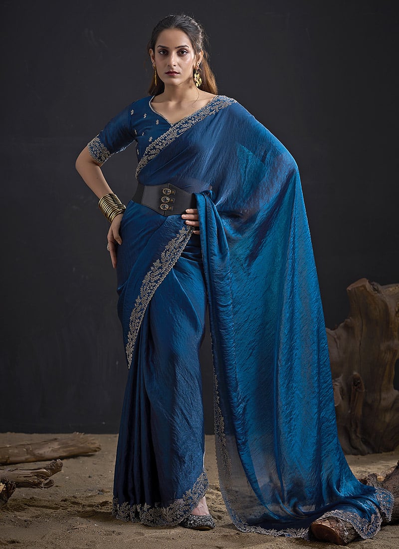 Sophisticated Morpeach Fandy Satin Silk Two Tone Tikki Work Hand Embroidery Saree After Six Wear