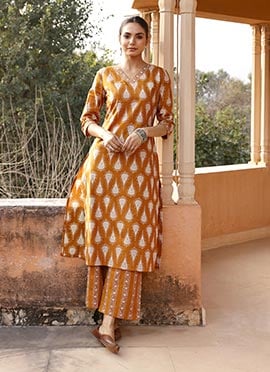 Sophisticated Mustard Cotton Printed Kurta Straight Pant Set
