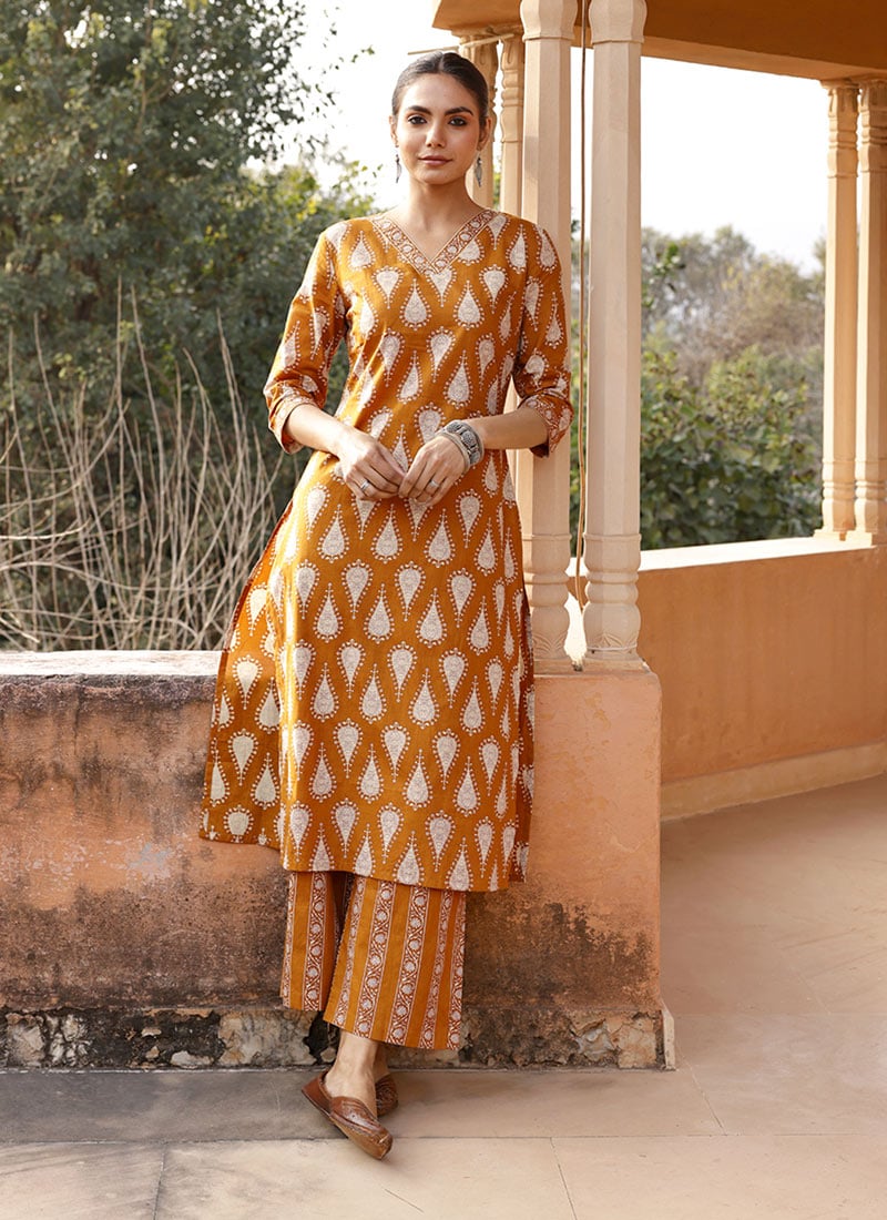 Sophisticated Mustard Cotton Printed Kurta Straight Pant Set After Six Wear
