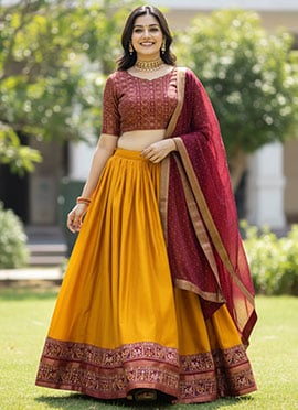Sophisticated Mustard Cotton Silk Patola Print Umbrella Lehenga