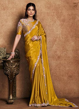 Sophisticated Mustard Crepe Satin Embroidered Stone Beads Sequins Zari Saree
