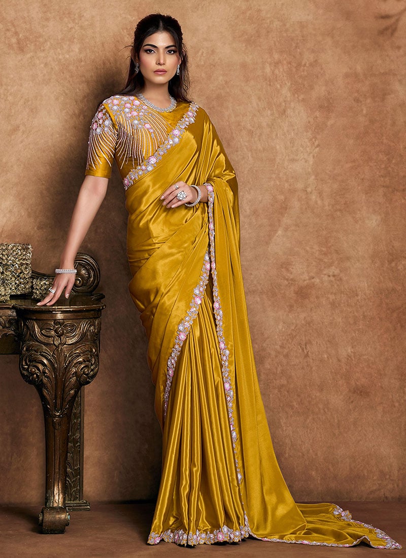 Sophisticated Mustard Crepe Satin Embroidered Stone Beads Sequins Zari Saree Wedding Wear