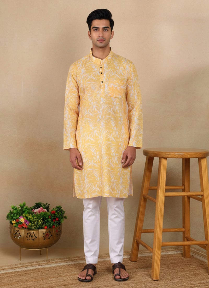 Sophisticated Mustard Linen Printed Kurta Pyjama Festive Wear