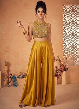 Sophisticated Mustard Silk Beads Sequins Indowestern Set And Suit