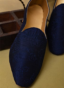 Sophisticated Navy Blue Dupion Silk Embroidered Mojri
