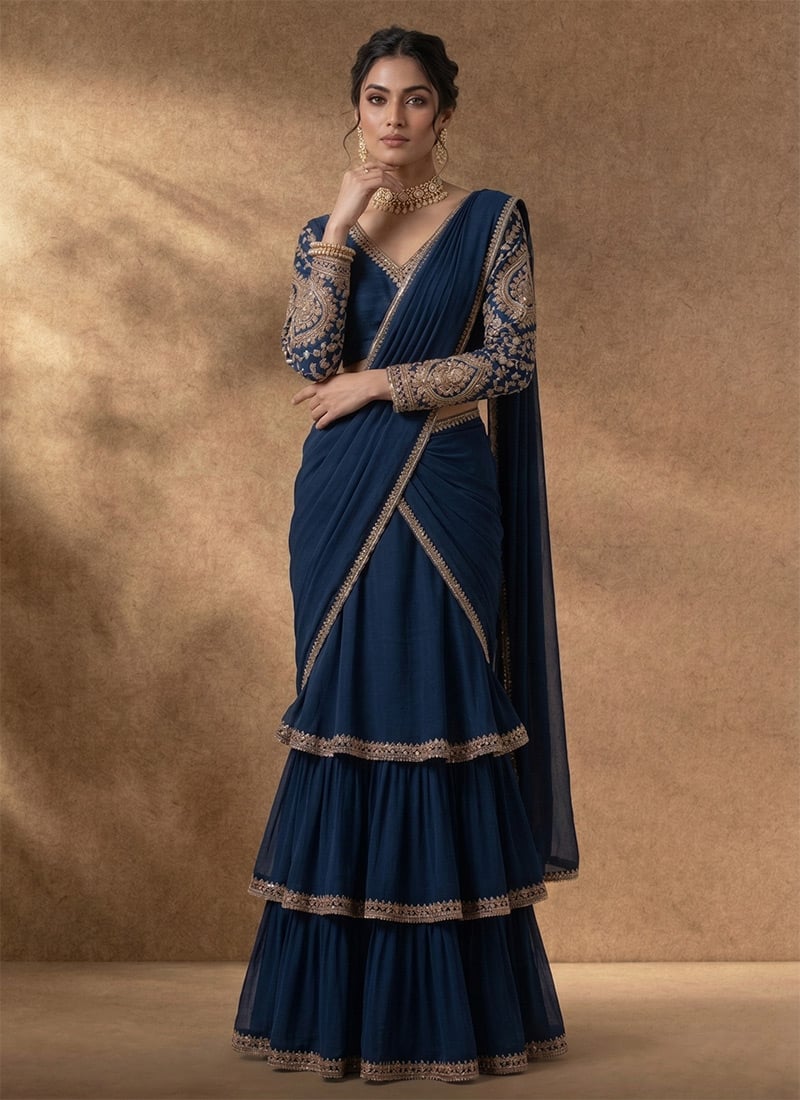 Sophisticated Navy Blue Georgette Zari Sequins Saree Border Added Ready Lace Saree Wedding Wear