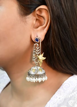 Sophisticated Navy Blue Kundan Beads Oxidised Jhumka