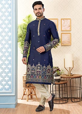 Sophisticated Navy Blue Malai Silk Embroidered Kurta Pyjama