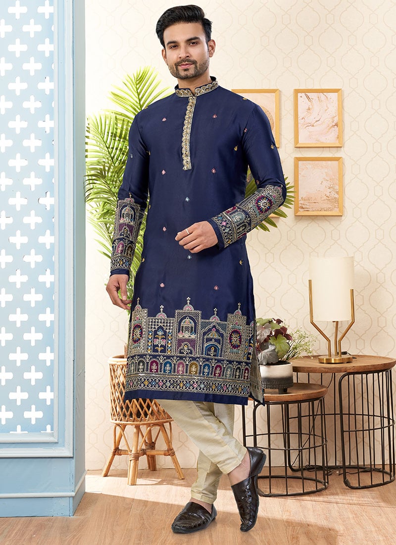 Sophisticated Navy Blue Malai Silk Embroidered Kurta Pyjama Festive Wear