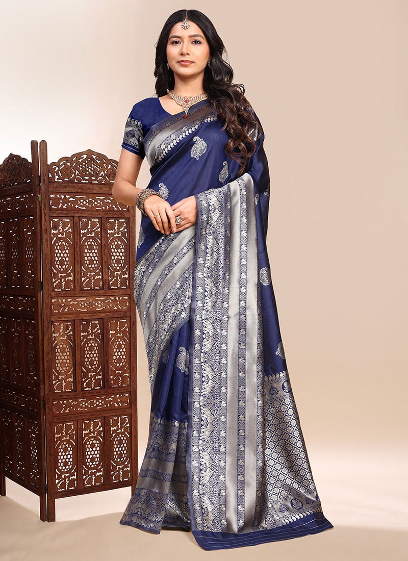 Sophisticated Navy Blue Silk Jacquard Zari Saree Festive Wear