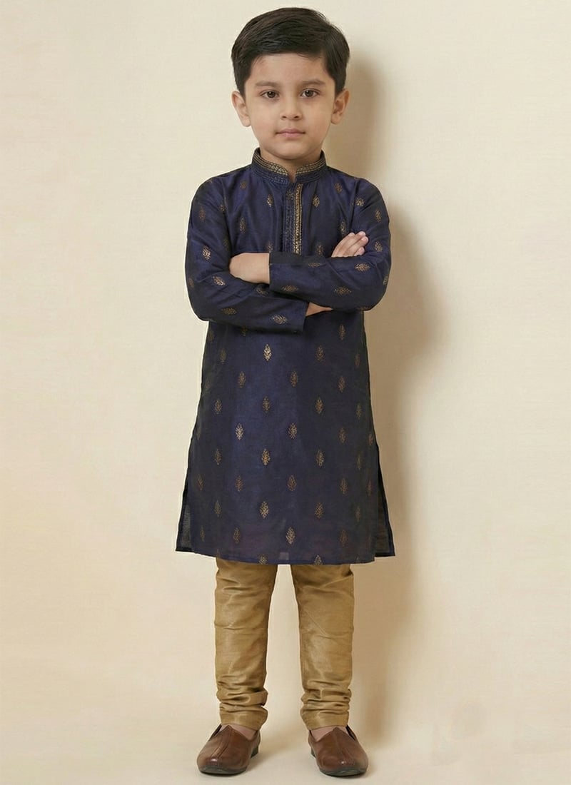 Sophisticated Navy Blue Silk Zari Thread Kids Boys Kurta Pyjama Festive Wear