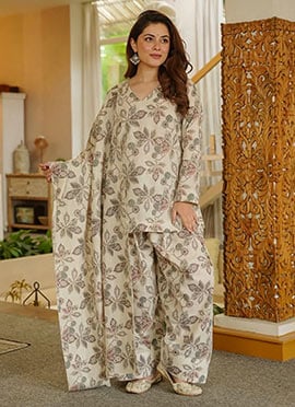 Sophisticated Off White Cambric Cotton Digital Print Farshi Salwar Suit