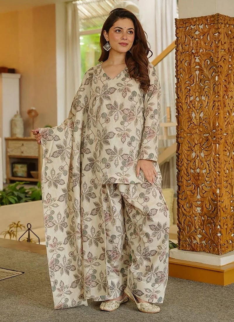 Sophisticated Off White Cambric Cotton Digital Print Farshi Salwar Suit After Six Wear