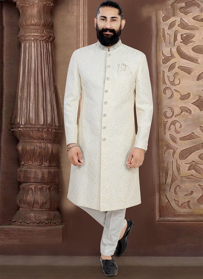 Sophisticated Off White Jacquard Sequins Embroidered Thread Indowestern Sherwani Wedding Wear