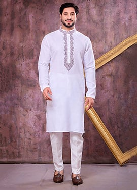 Sophisticated Off White Linen Cotton Embroidered Kurta Pyjama