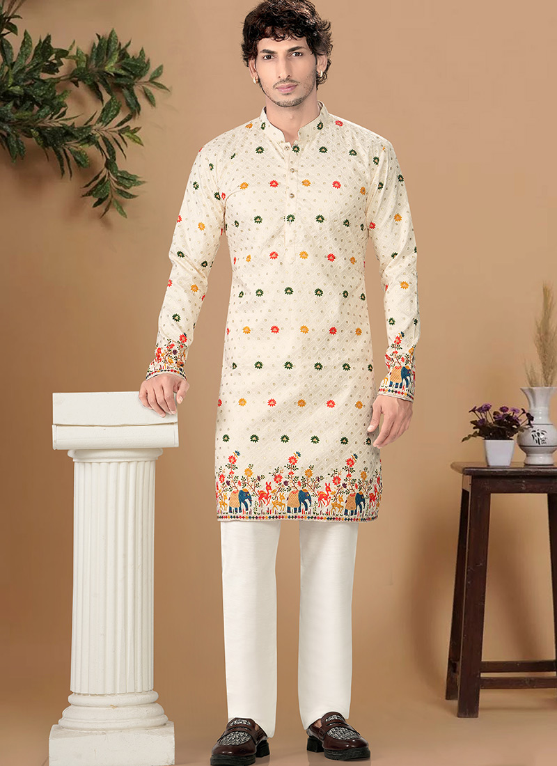 Sophisticated Off White Soft Cotton Sequins Embroidered Printed Kurta Pyjama Festive Wear