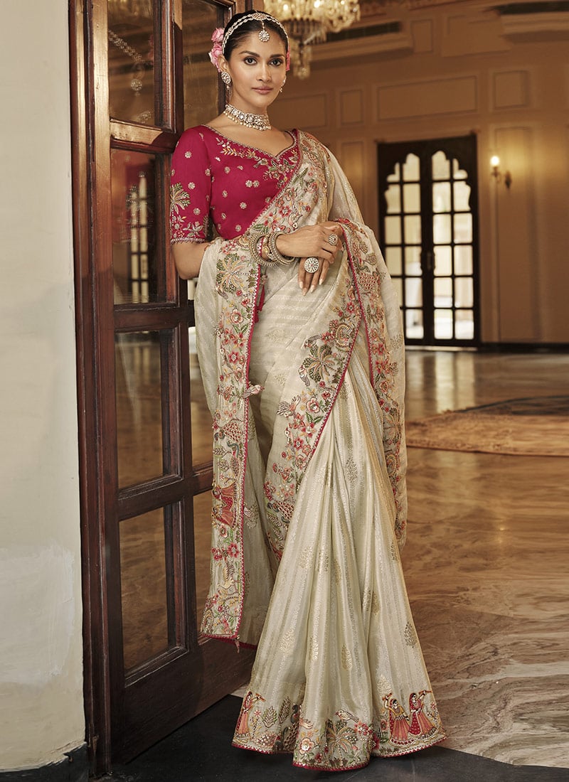 Sophisticated Off White Soft Silk Zari Weaving Heavy Thread Embroidery Khatli Work Saree Wedding Wear