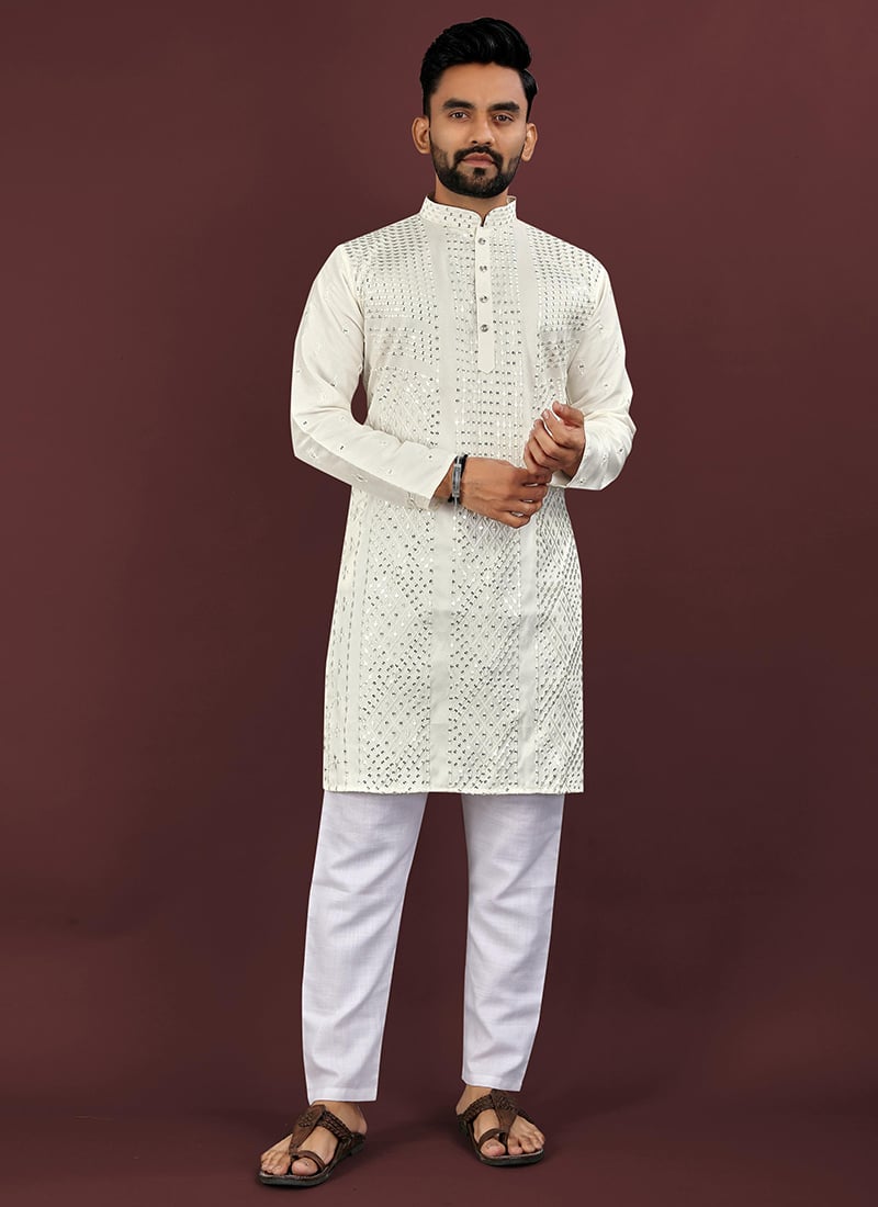 Sophisticated Off White Viscose Silk Sequins Embroidered Kurta Pyjama Festive Wear