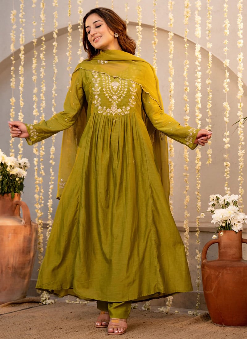 Sophisticated Olive Green Chanderi Silk Embroidered Anarkali Suit After Six Wear