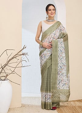 Sophisticated Olive Green Silk Blend Digital Print Saree