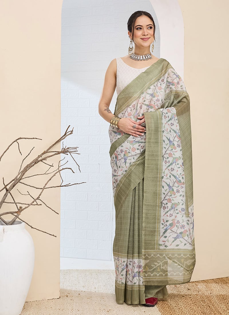 Sophisticated Olive Green Silk Blend Digital Print Saree After Six Wear