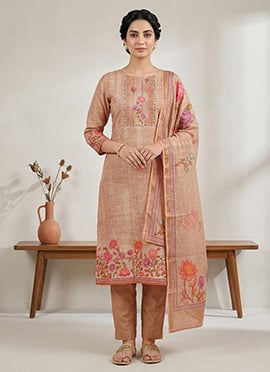 Sophisticated Peach Linen Shimmer Digital Print Straight Pant Suit