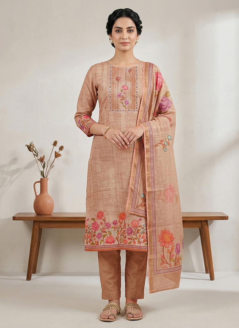 Sophisticated Peach Linen Shimmer Digital Print Straight Pant Suit After Six Wear