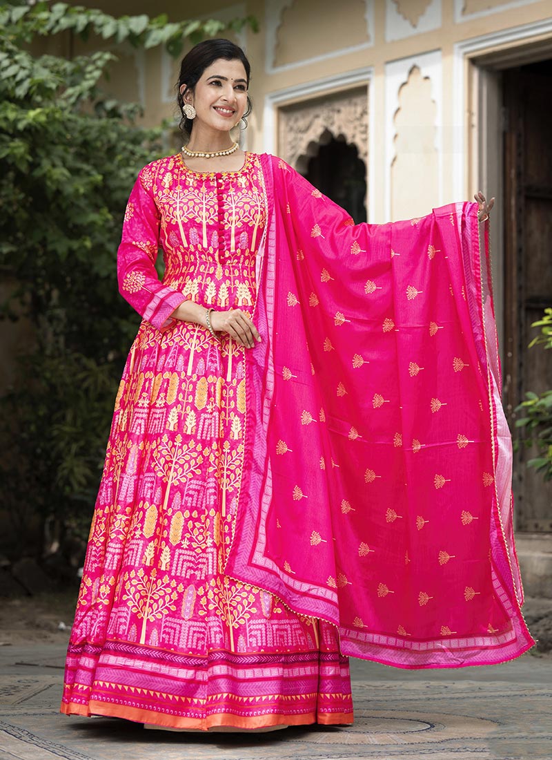 Sophisticated Pink Dola Silk Digital Print Hand Embroidered Neck Anarkali Suit Festive Wear