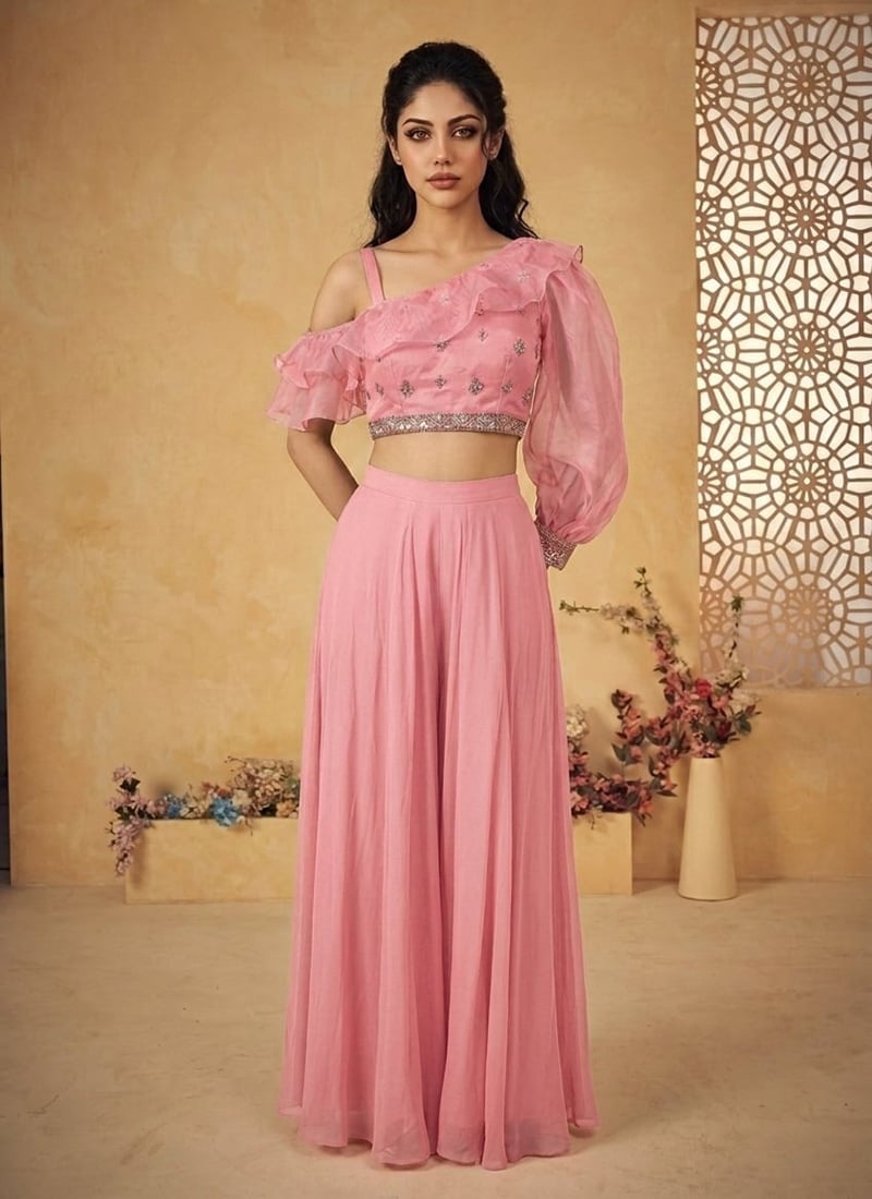 Sophisticated Pink Organza Zari Sequins Indo Western Set Wedding Wear
