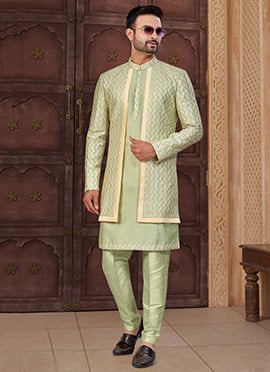 Sophisticated Pista Green And Fawn Zari Jackard Banarasi Silk Stones Zari Indowestern Sherwani