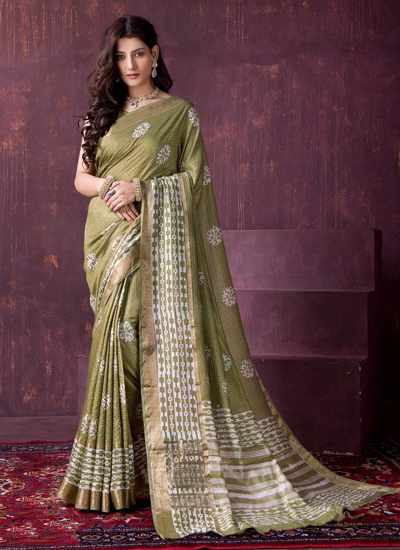 Sophisticated Pista Green Chanderi Silk Batik Print Saree After Six Wear