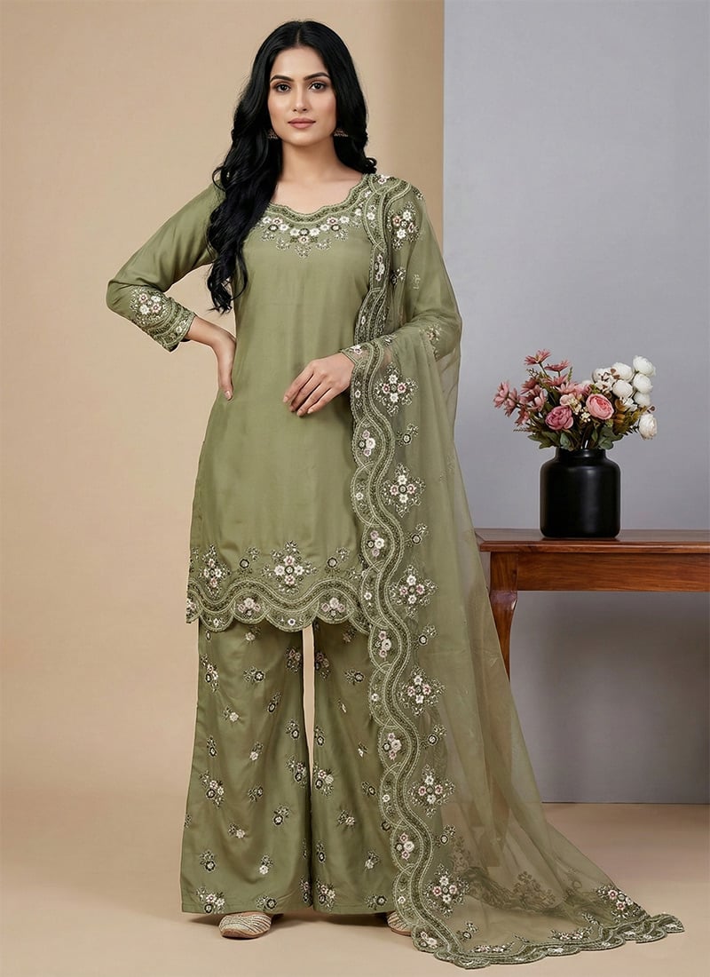 Sophisticated Pista Green French Crepe Silk Embroidered Sequins Palazzo Suit Festive Wear