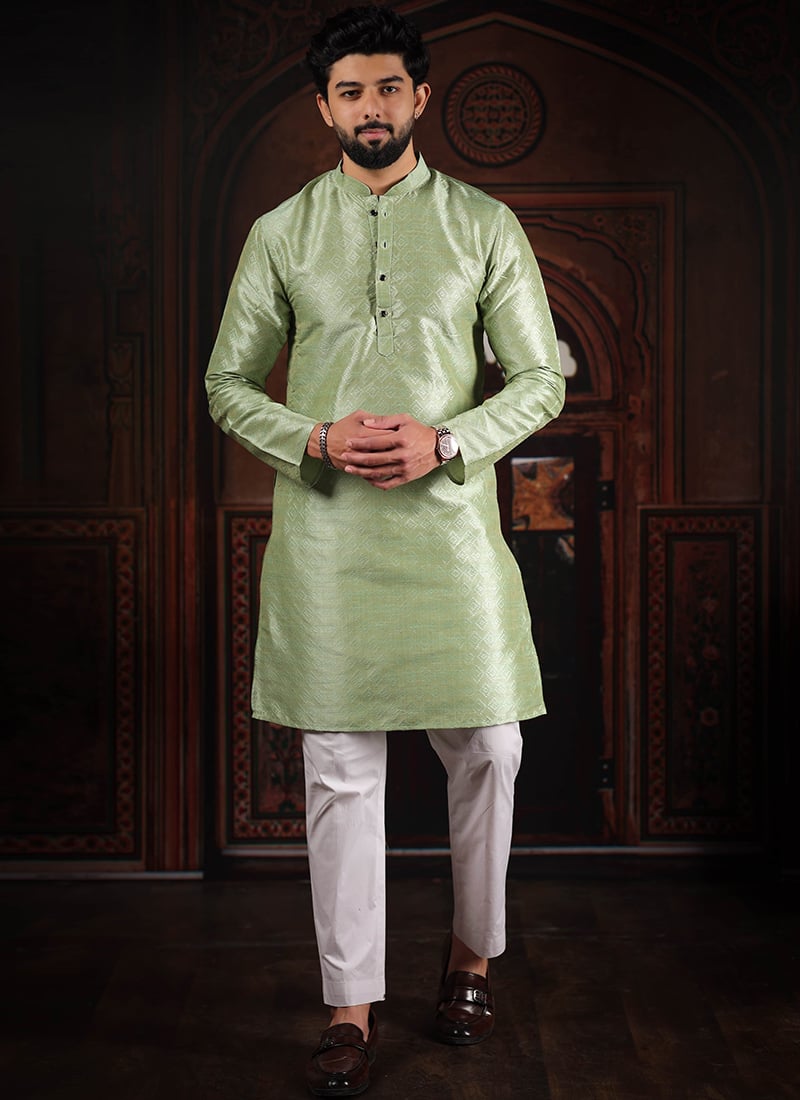 Sophisticated Pista Green Silk Woven Designer Kurta Pyjama Festive Wear