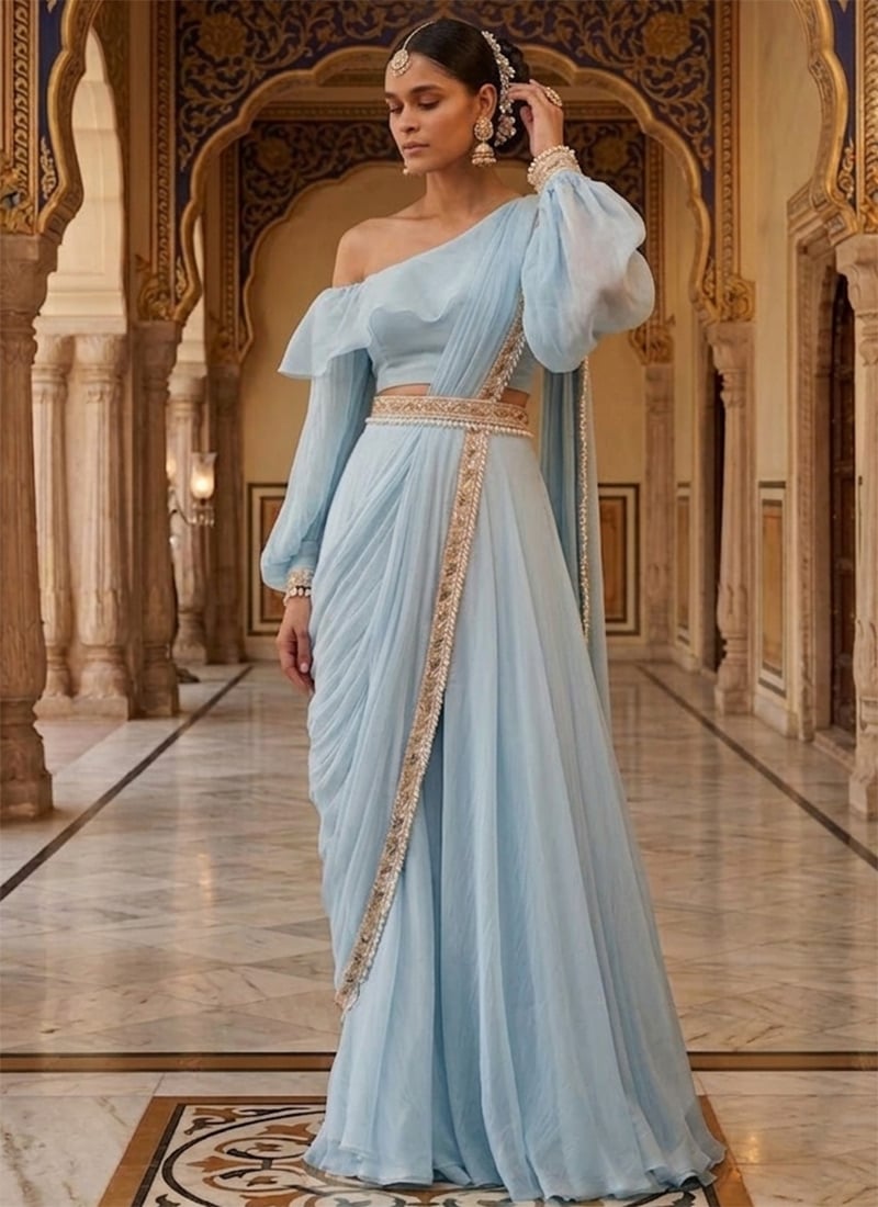 Sophisticated Powder Blue Organza Ready Lace Palazzo Style Saree Festive Wear