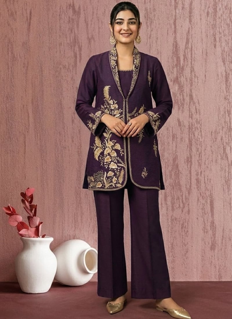 Sophisticated Purple Satin Blend Zari Sequins Palazzo Suit After Six Wear