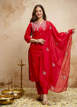Sophisticated Red Chanderi Embroidered Straight Pant Suit