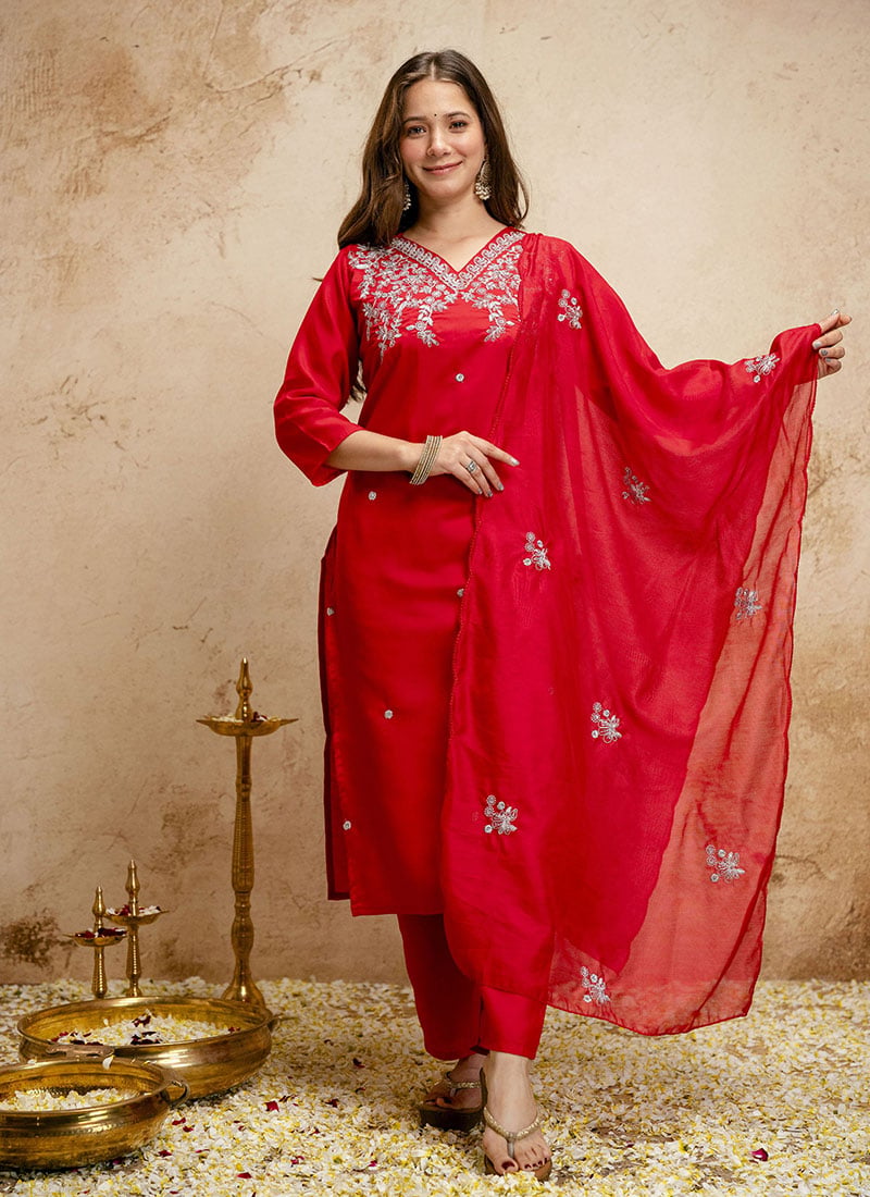 Sophisticated Red Chanderi Embroidered Straight Pant Suit After Six Wear
