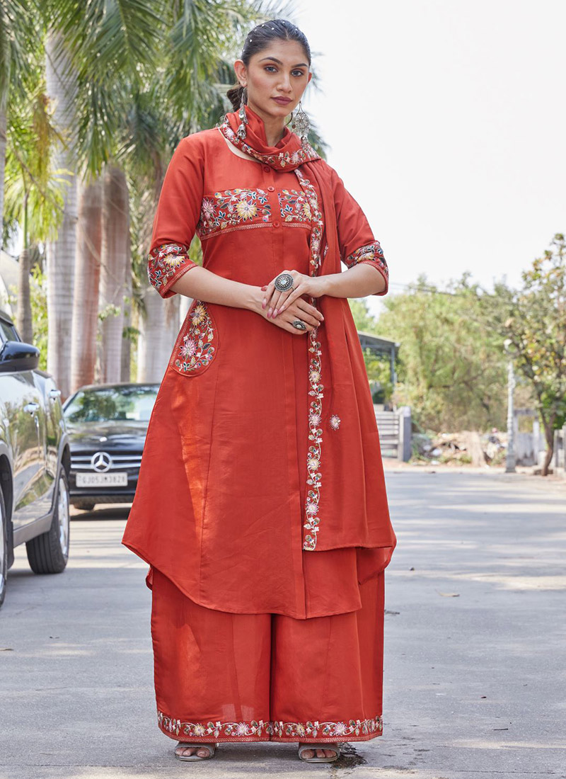 Sophisticated Rust Silk Embroidered Palazzo Suit After Six Wear