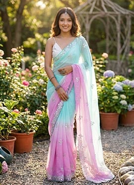 Sophisticated Sea Green Crush Chiffon Sequins Moti Cutdana Work Saree