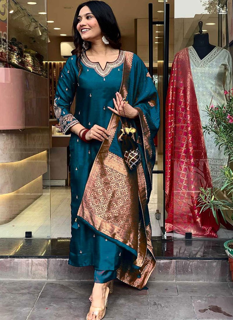 Sophisticated Teal Cotton Embroidered Straight Pant Suit Festive Wear