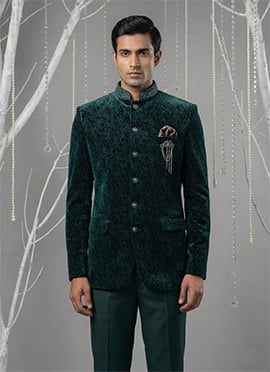 Sophisticated Teal Green Velvet Embroidered Bandhgala Suit