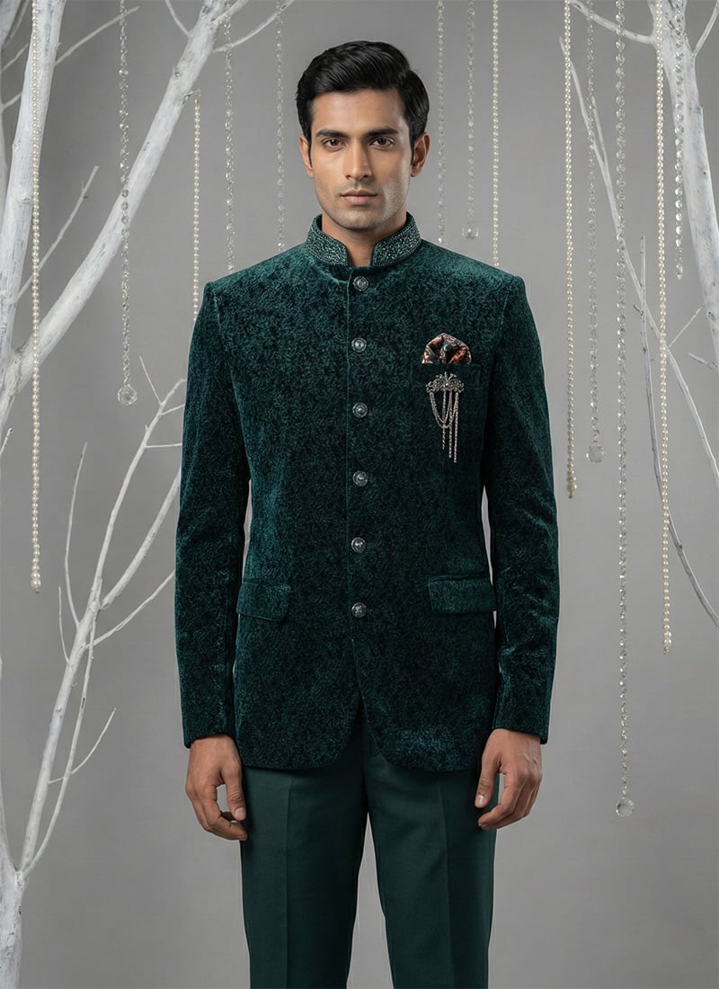 Sophisticated Teal Green Velvet Embroidered Bandhgala Suit Wedding Wear