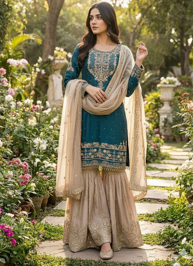 Sophisticated Teal Organza Silk Zari Thread Embroidered Sharara Suit Festive Wear