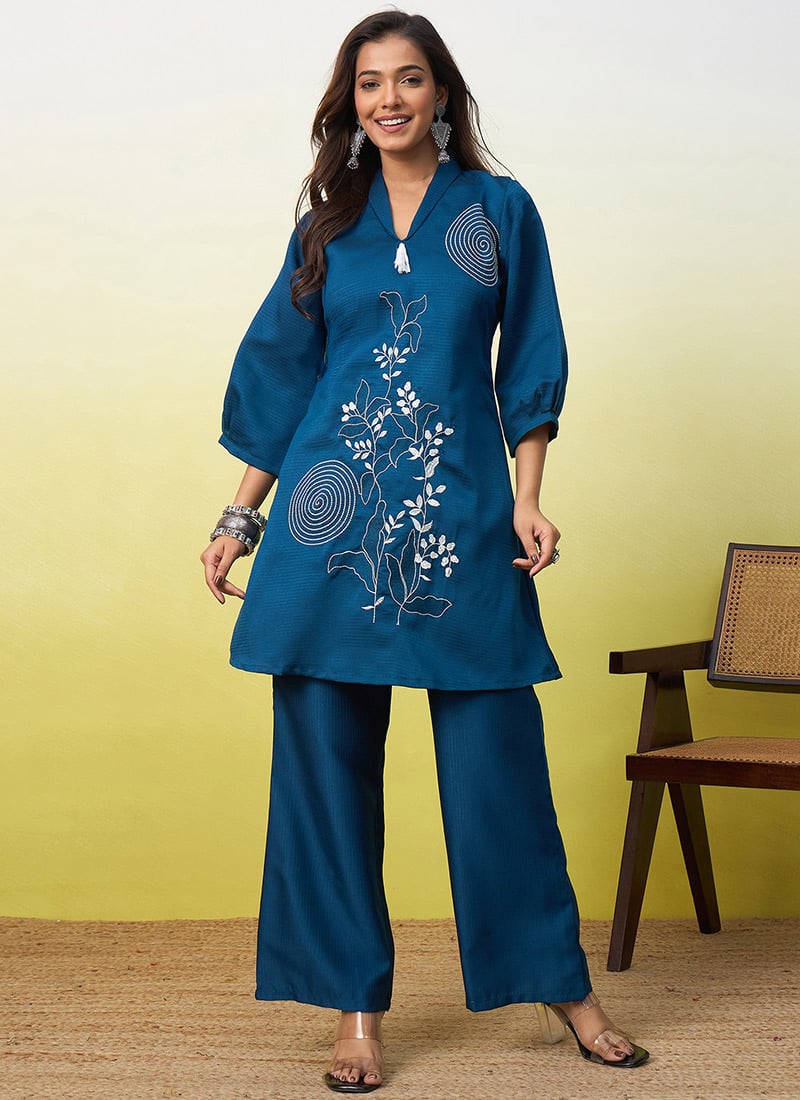 Sophisticated Teal Viscose Embroidered Indowestern Suit Work Wear