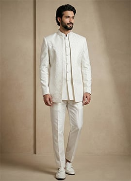 Sophisticated White Donear Satin Jacquard Bandhgala Suit