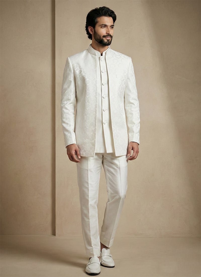 Sophisticated White Donear Satin Jacquard Bandhgala Suit Wedding Wear