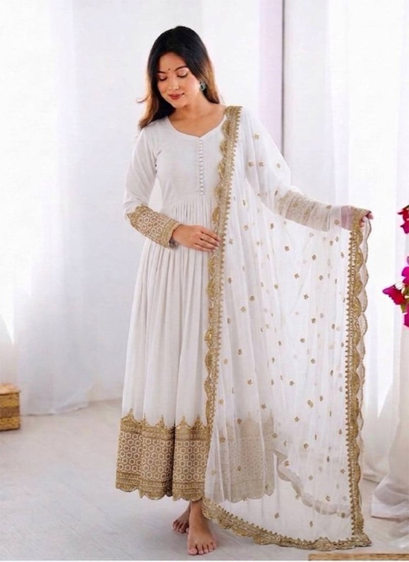 Sophisticated White Faux Georgette Embroidered Sequins Anarkali Suit After Six Wear